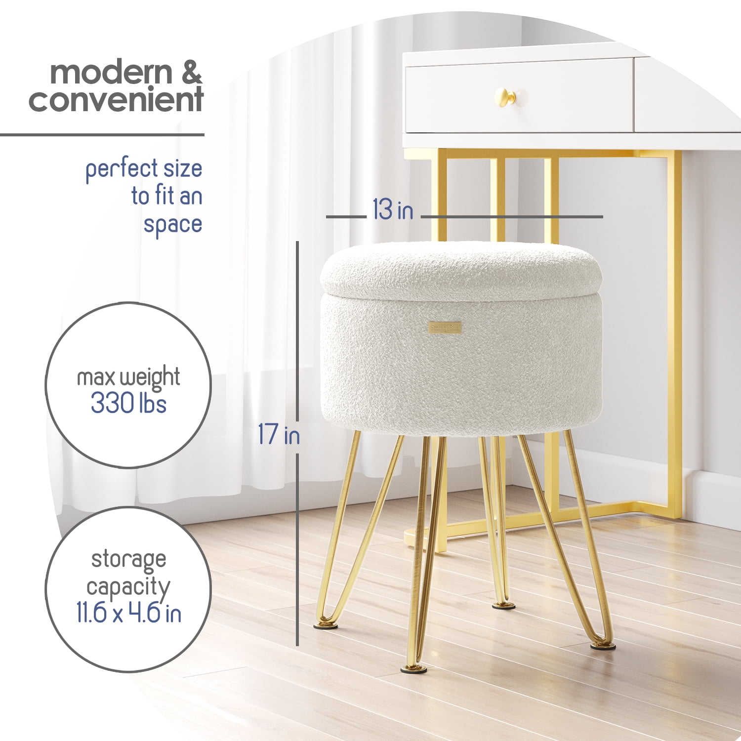 LammaLoe Small Round Ottoman with Storage, Boucle Ottoman Foot Stool with Lid, Upholstered Vanity Stool for Living Room & Bedroom, White