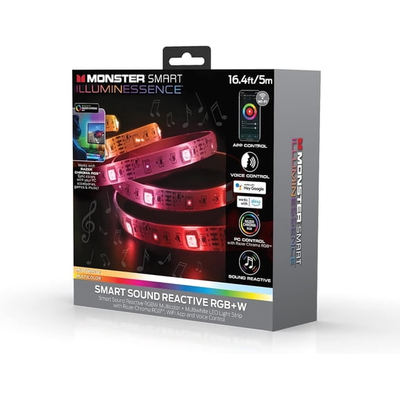 Monster Smart Illuminessence 16.4ft Indoor LED Strip Lights, Multicolor LED Lights for Bedroom, Sound Reactive, App Control