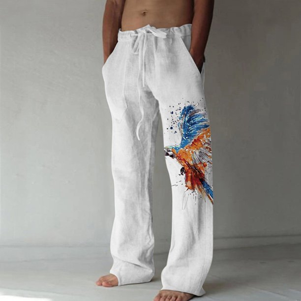 Pantalones largos de verano para hombre, de algodón y pierna ancha, deportivos con cordones estampados, informales
