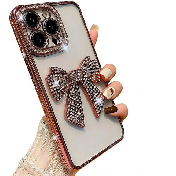 for iPhone Case,Luxury Crystal Diamend Rhinestone Sparkle Sparkly with 3D Bow Camera Lens Protection Clear Soft Shockproof Phone Case (Gold,iPhone 14 Plus)