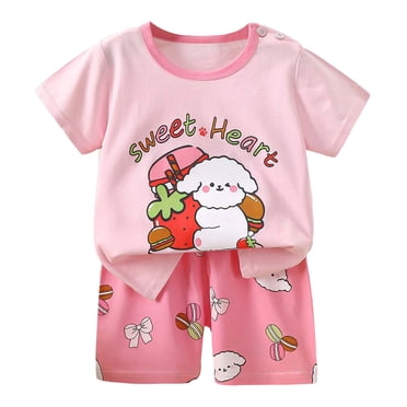 Trolimons Girl's Letter Print Short Sleeve Top Shorts Set, Pink
