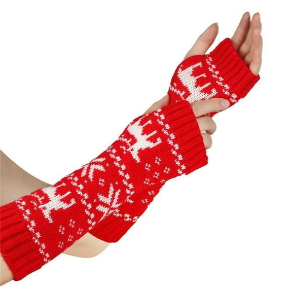 Women's Red/Green Reindeer Ribbed Knit Fingerless Gloves for Christmas Winter