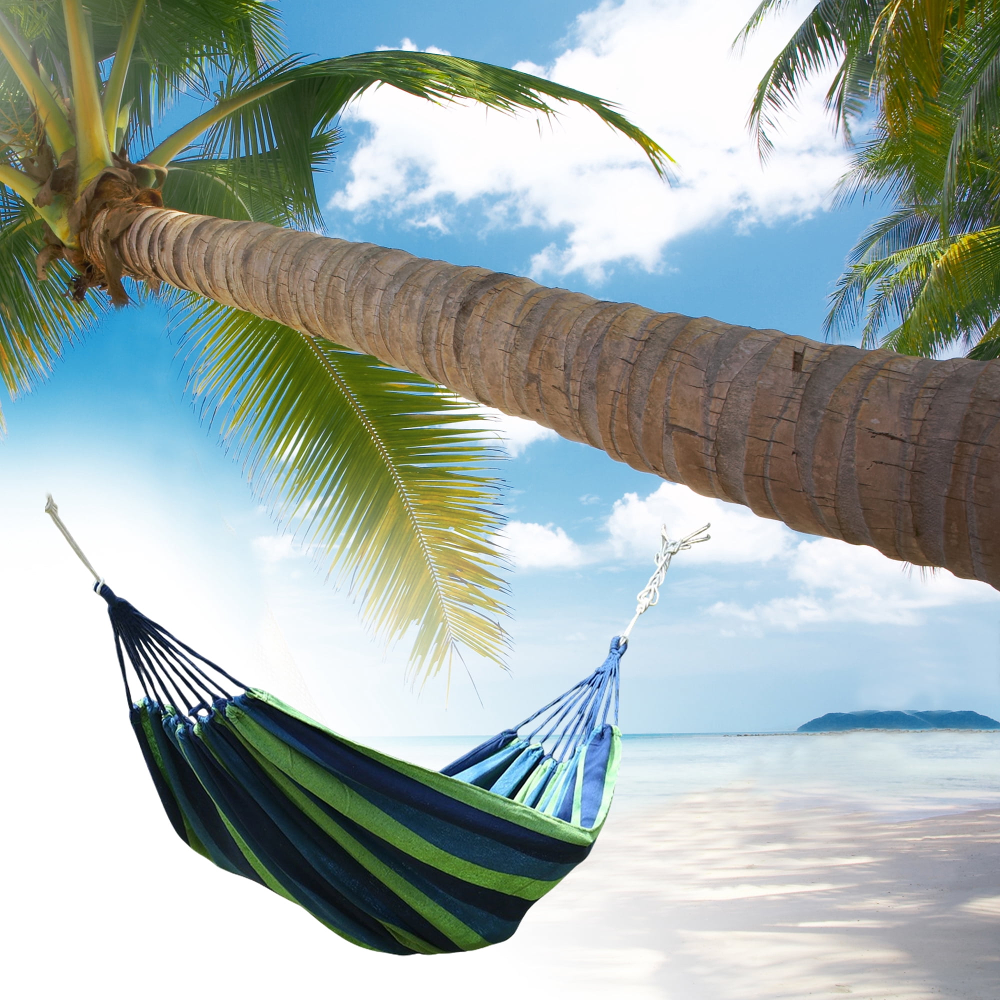 Unique Bargains 1 Pc No Stick Double Hammock for Outdoor Blue Green 102.36" Length