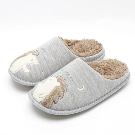 

CoCopeanut Winter Cartoon Embroidery Cute Hedgehog Women Fur Slippers Family Cotton Shoes Bedroom Mute Soft Soles Warm Men Fluffy Slides