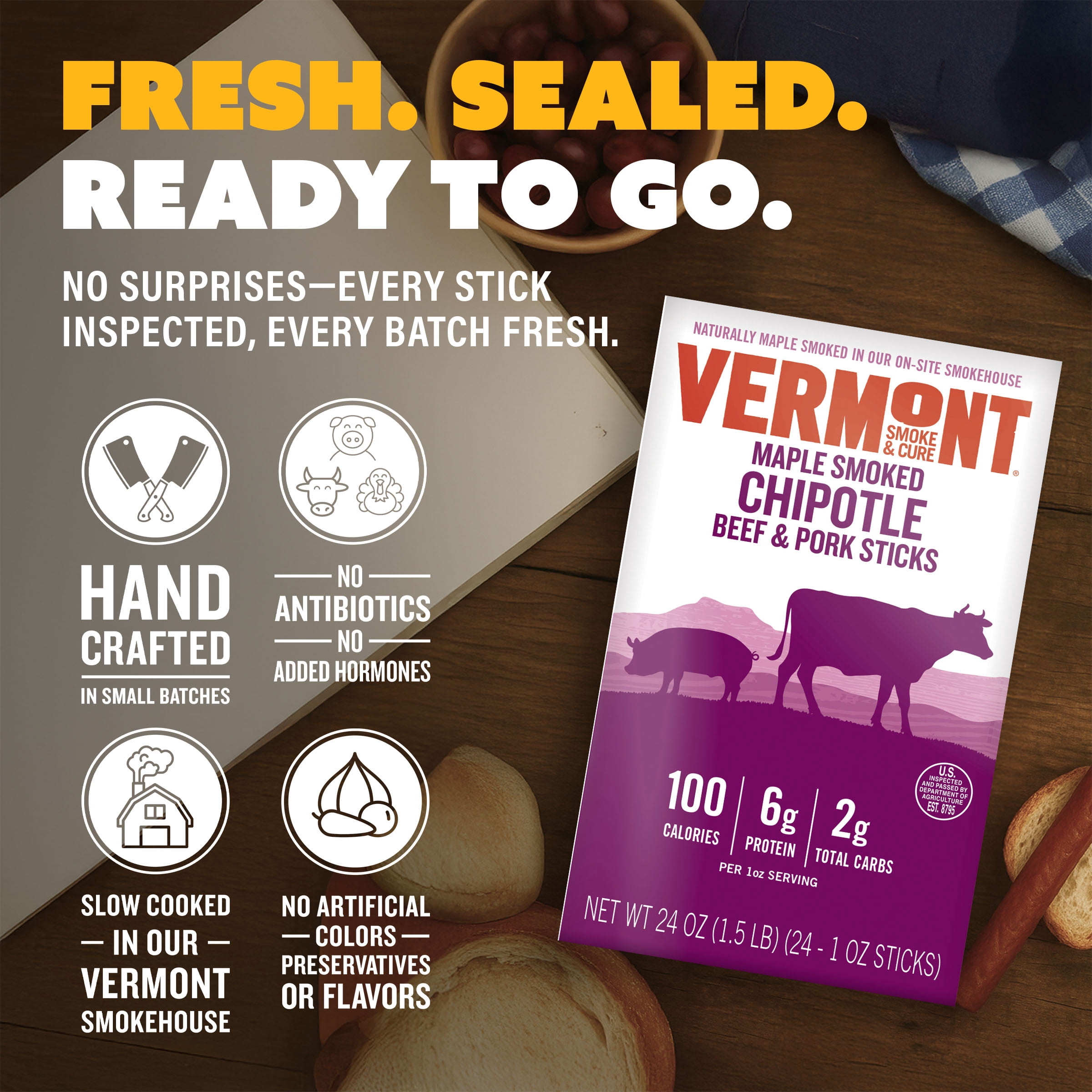 Vermont Smoke & Cure Smoked Chipotle Beef and Pork Sticks 1oz Individually Wrapped Protein Snacks 24Ct