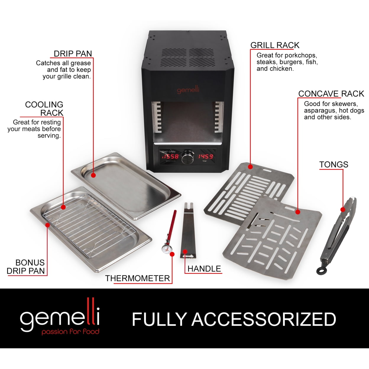 Gemelli Gourmet Steak Grille (1600 Watt), Infrared Superheating Up to 1560 Degrees, Cool-Touch Exterior, Electric Grill (Black)