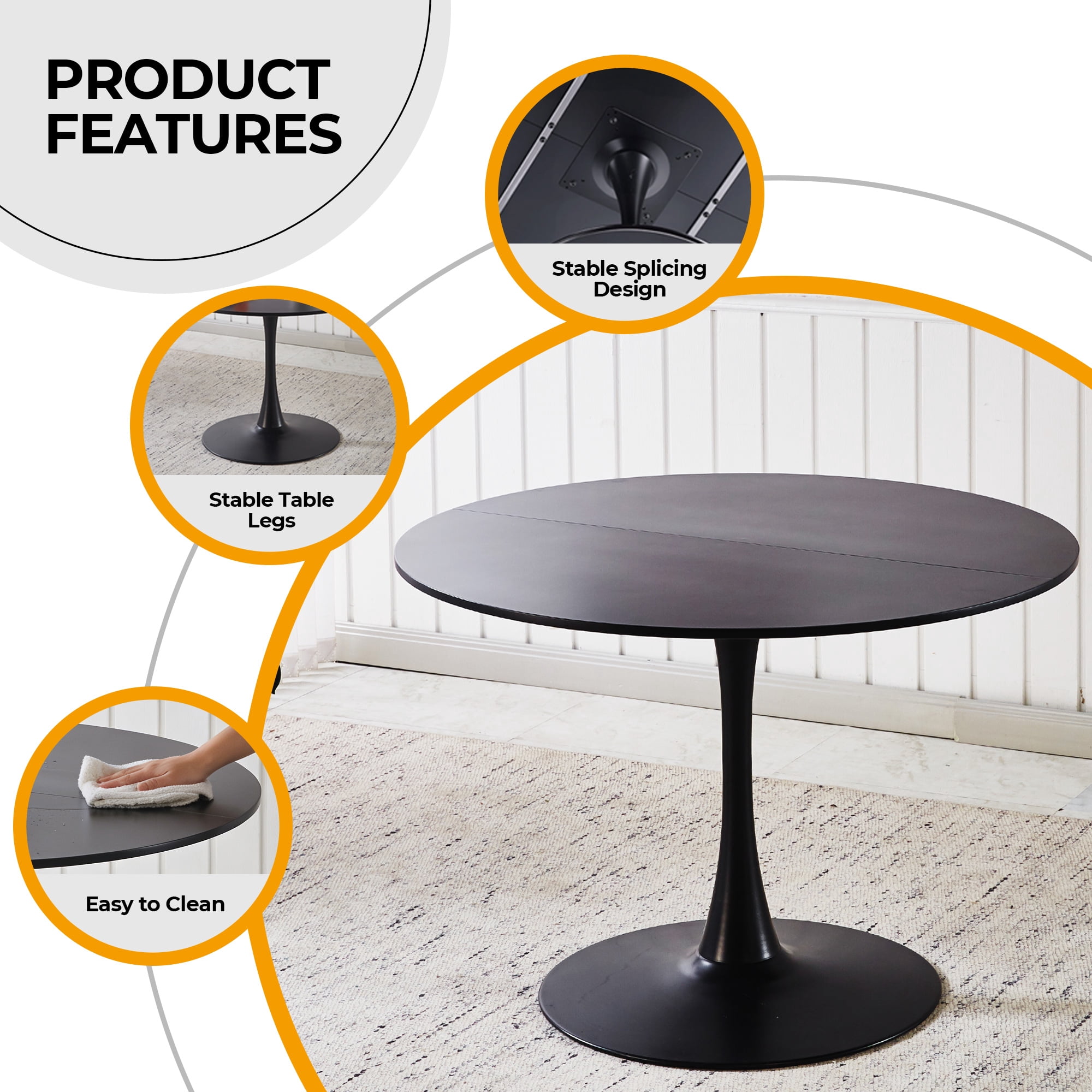 Mintazer 42.1" Large Round Dining Table Top Tulip Table for 4-6 People, Mid-Century MDF Kitchen Table for Dining Room, Black