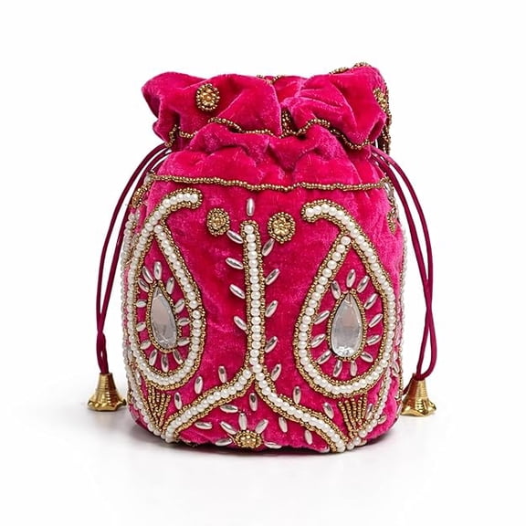 Women’s Velvet Potli Bag with Pearl and Stone Work Drawstring Pouch for Wedding Party Festival Traditional Handbag Gift for Ladies-pink