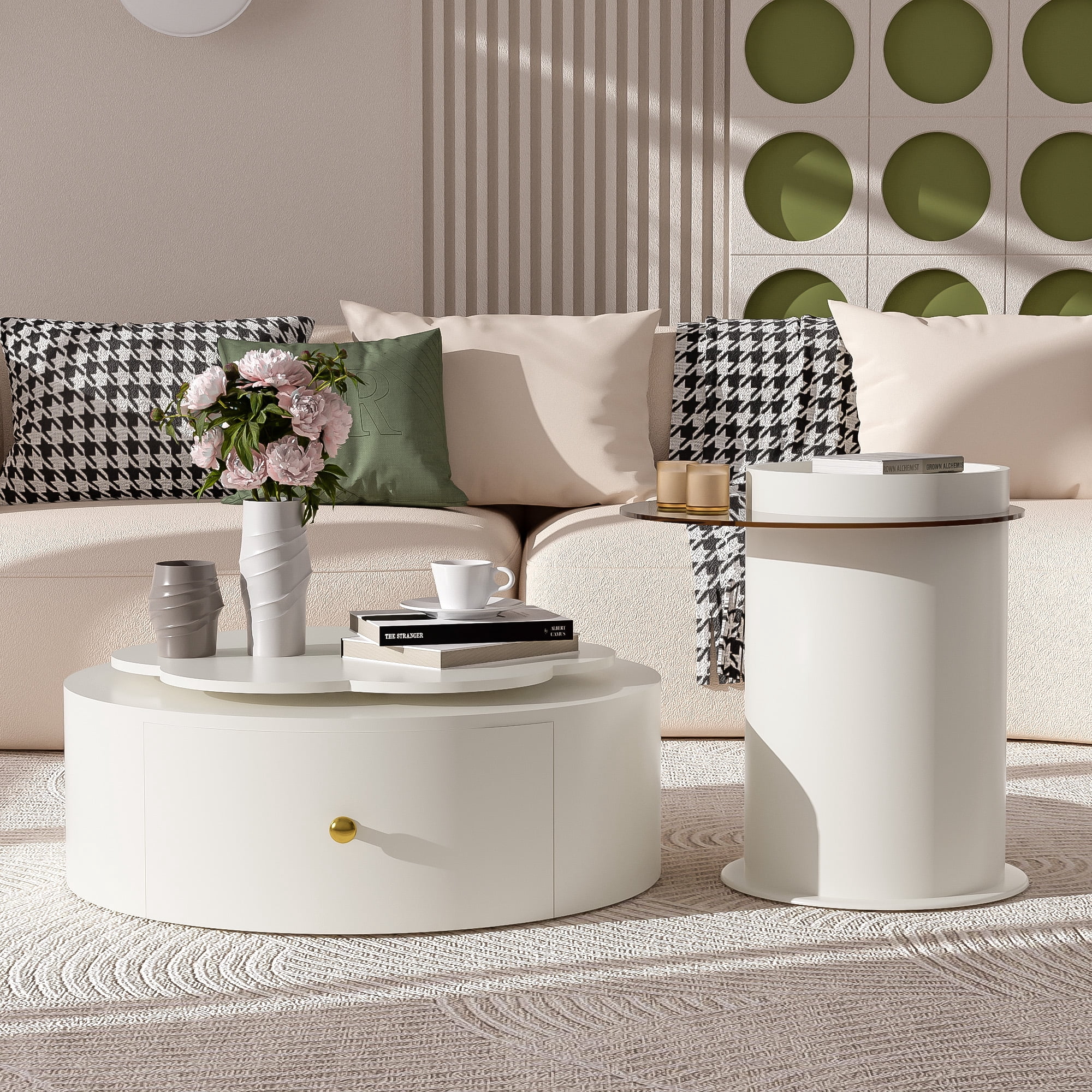 Euroco Rotating Flower-Shaped Coffee Table Set with Glass Side Table & Storage Drawers