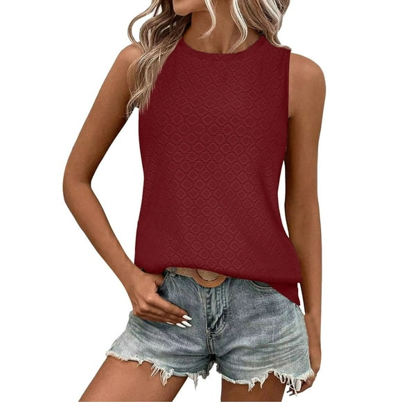 GDREDA Tank Tops Women Tank Tops For Women Sleeveless Eyelet Shirts High Crew Neck Cute Summer Loose Fit Top Women's Tanks & Camis Red,S