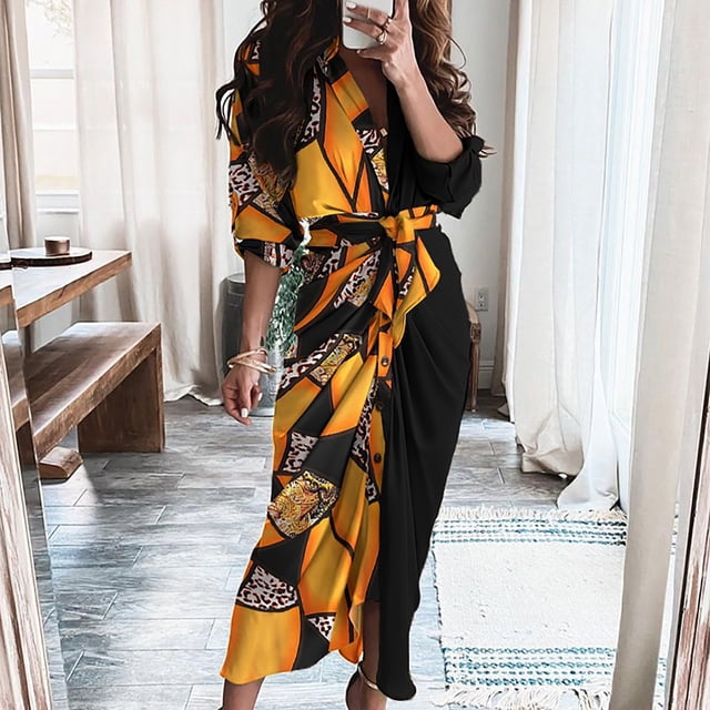 CEHVOM Women's Summer Casual Long Sleeve Printing Button Fork Opening Dress
