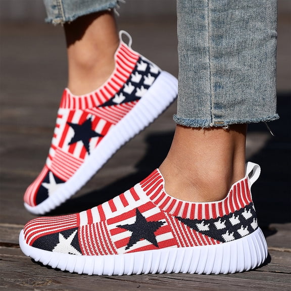 American Flag Print Women's Sneakers Mesh Round Toe Patriotic Shoes Red White Blue Stars Stripes Lightweight Breathable Comfortable Casual Athleticfor Fourth of July Outdoor Wear,Red 41(US-8)