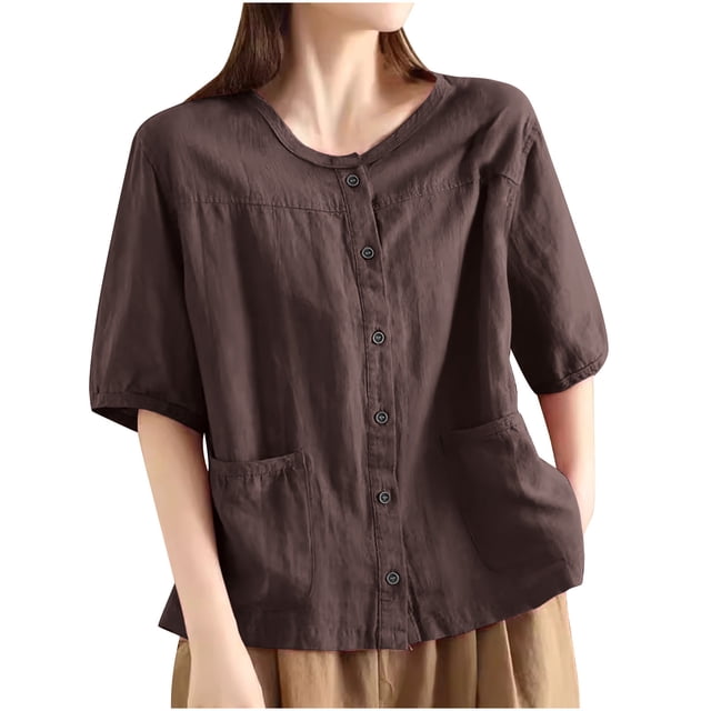 V Cuello Blusas para las Mujeres, de Moda Retro Bordado Cuello Redondo Cinco Cuartos de Manga para el Uso Casual