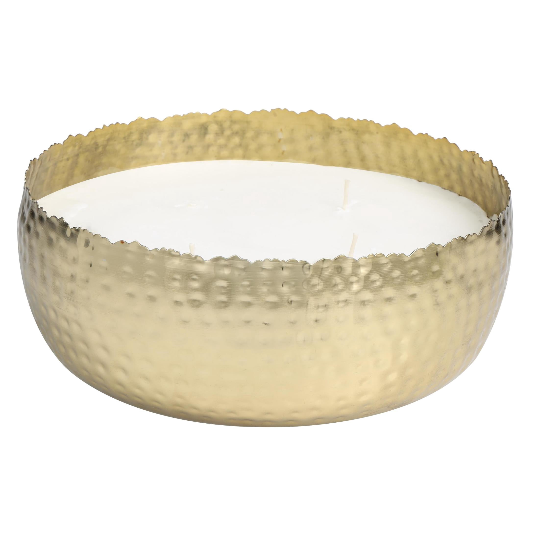 DecMode Gold Metal English Garden Scented Wide Hammered 90 oz 4 Wick Candle with White Wax