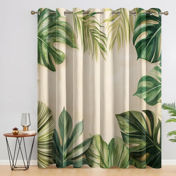 Monstera Leaf Blackout Curtains, Tropical Botanical Window Curtains with Grommets 26"W x 45"L (Pack of 2)
