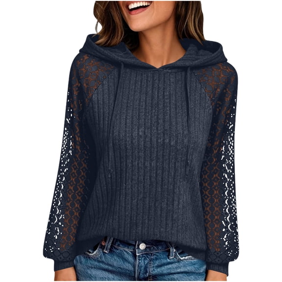 Tusihei Women Hooded Lace Knitted Long Sleeve Pullover Sweater Drawstring Lightweight Casual Tunic Tops Fall Spring Fashion Pullovers Blouses, Navy XL