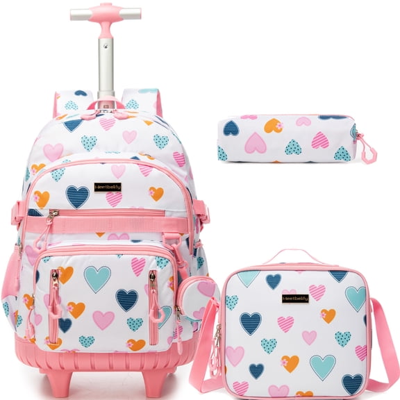 Kids Rolling Backpack with Wheels for Girls Roller Backpacks School Bags with Lunch Box Pen Bag for Elementary Ages 6-12