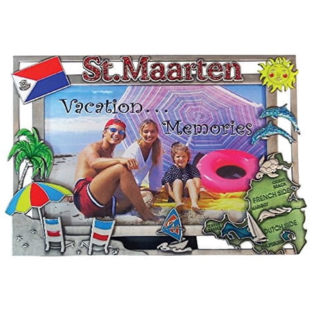 Rockin Gear St. Maarten Picture Frame Souvenir Gifts Pewter 4x6 Photo Frames St. Maarten/St.Martin Island Map, Flag and Palm Tree Design for Wall or Table Mount (St. Maarten)