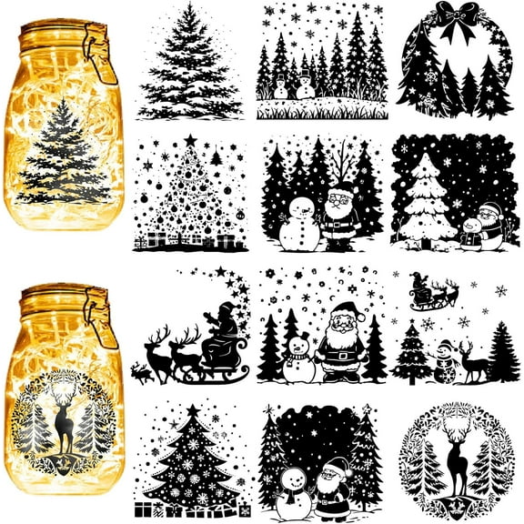 12Pcs Christmas Silhouettes Mason Jar Decor Christmas Tree Laser Cut Cardboard Scrapbook Cutouts Die Cuts PVC Decoration for DIY Crafts Lantern Jars Wall Window Glass 3.9x3.5Inch-No Sticker Colorful