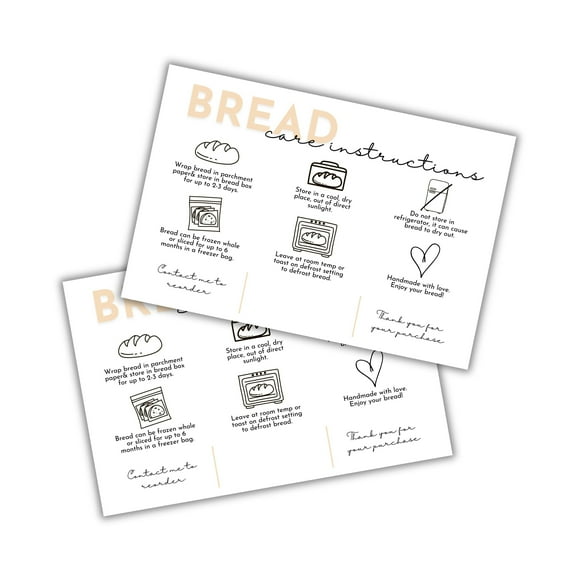 Bread Care Instruction Cards 30pk 4x6 Sourdough Storage Bakery Baker Client Packaging Cinnamon Roll Cupcake Cake How to Store