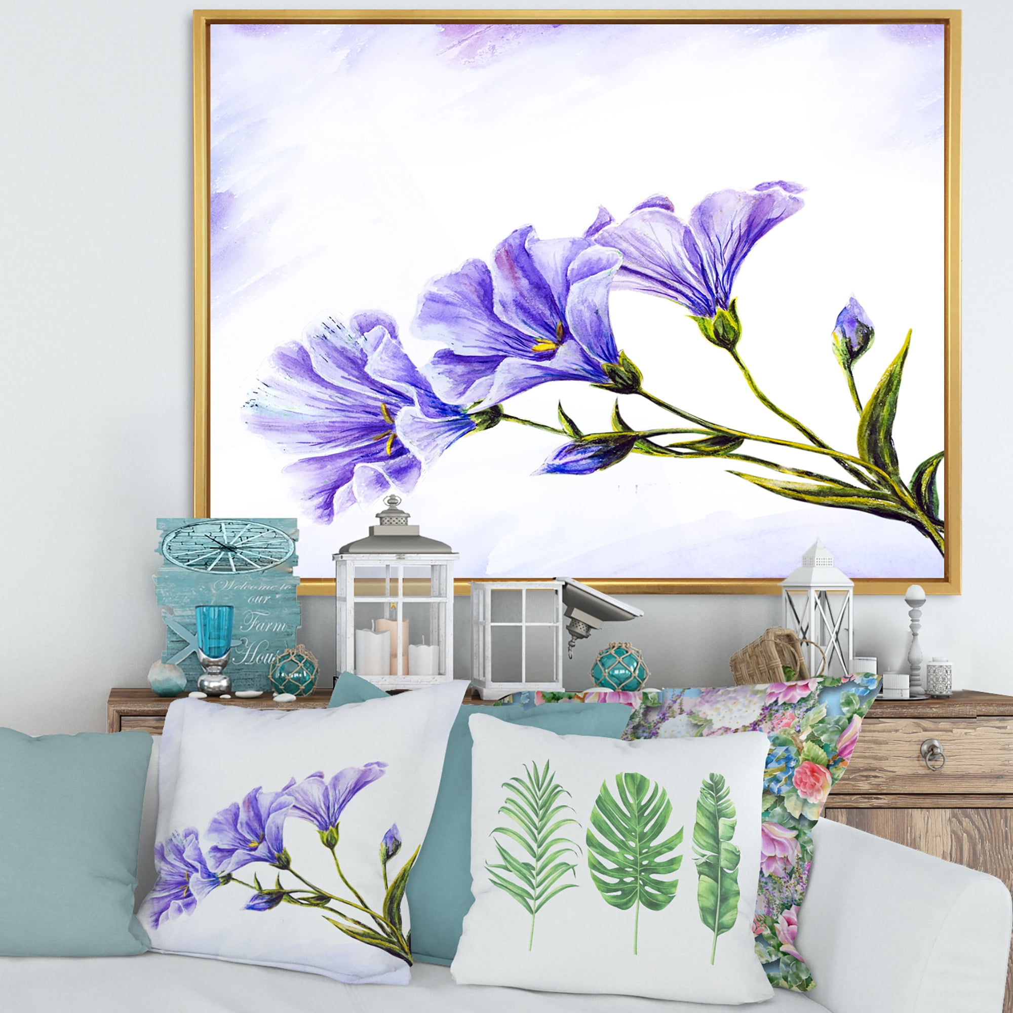 Blue Wildflowers With Leaves II 20 in x 12 in Framed Painting Canvas Art Print, by Designart