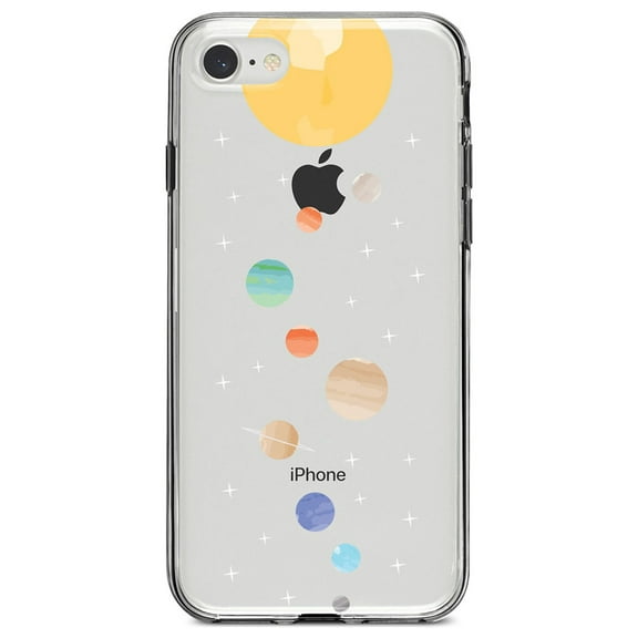 DistinctInk Clear Shockproof Hybrid Case for iPhone 7 8 SE (2020 Model) 4.7" Screen TPU Bumper Acrylic Back Tempered Glass Screen Protector - Solar System - Planets with Sun
