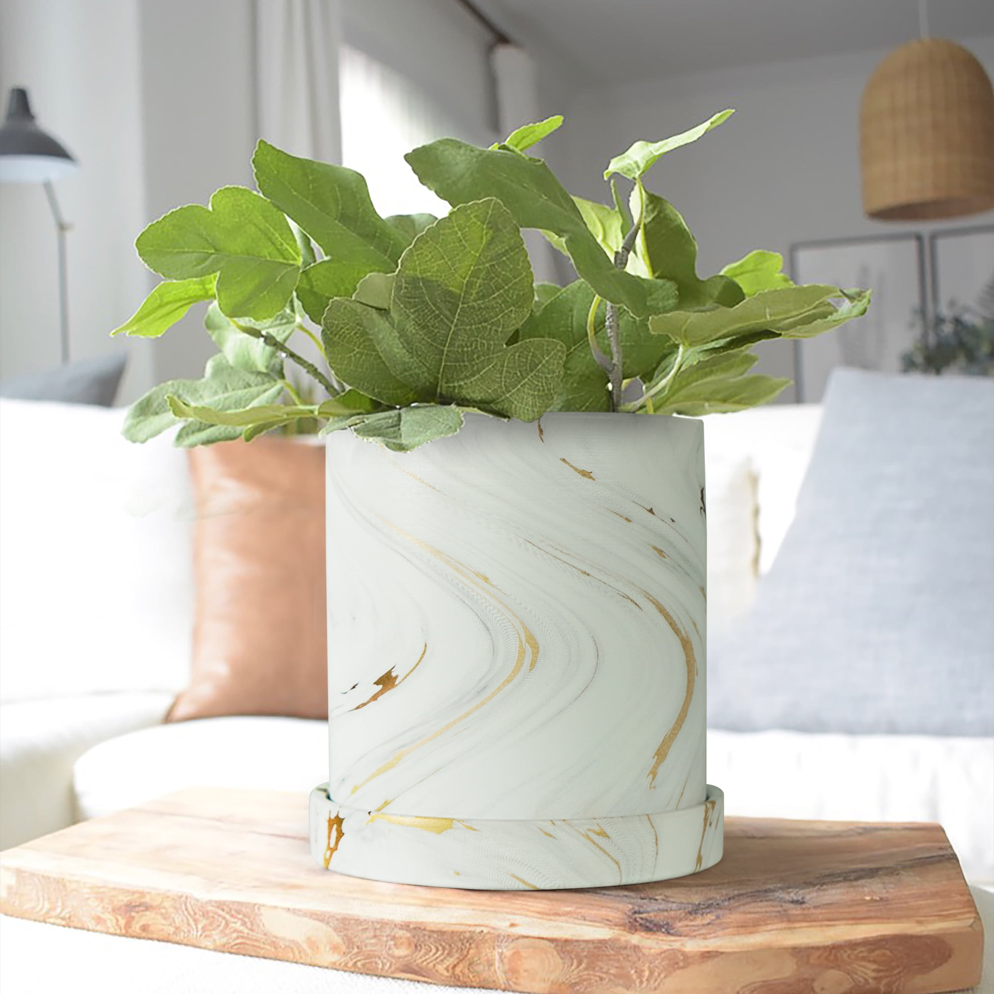 6 in. Marble Pattern White Ceramic Flower Pot with Drain