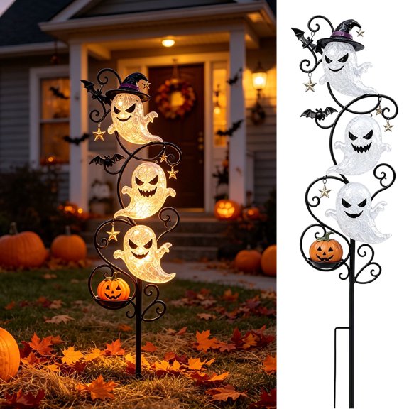 Solar Halloween Light, Ghost Garden Stake Light, Outdoor Garden Stake Decoration, Three Glowing Ghost Metal Yard Decor, Pumpkin Star Ornament
