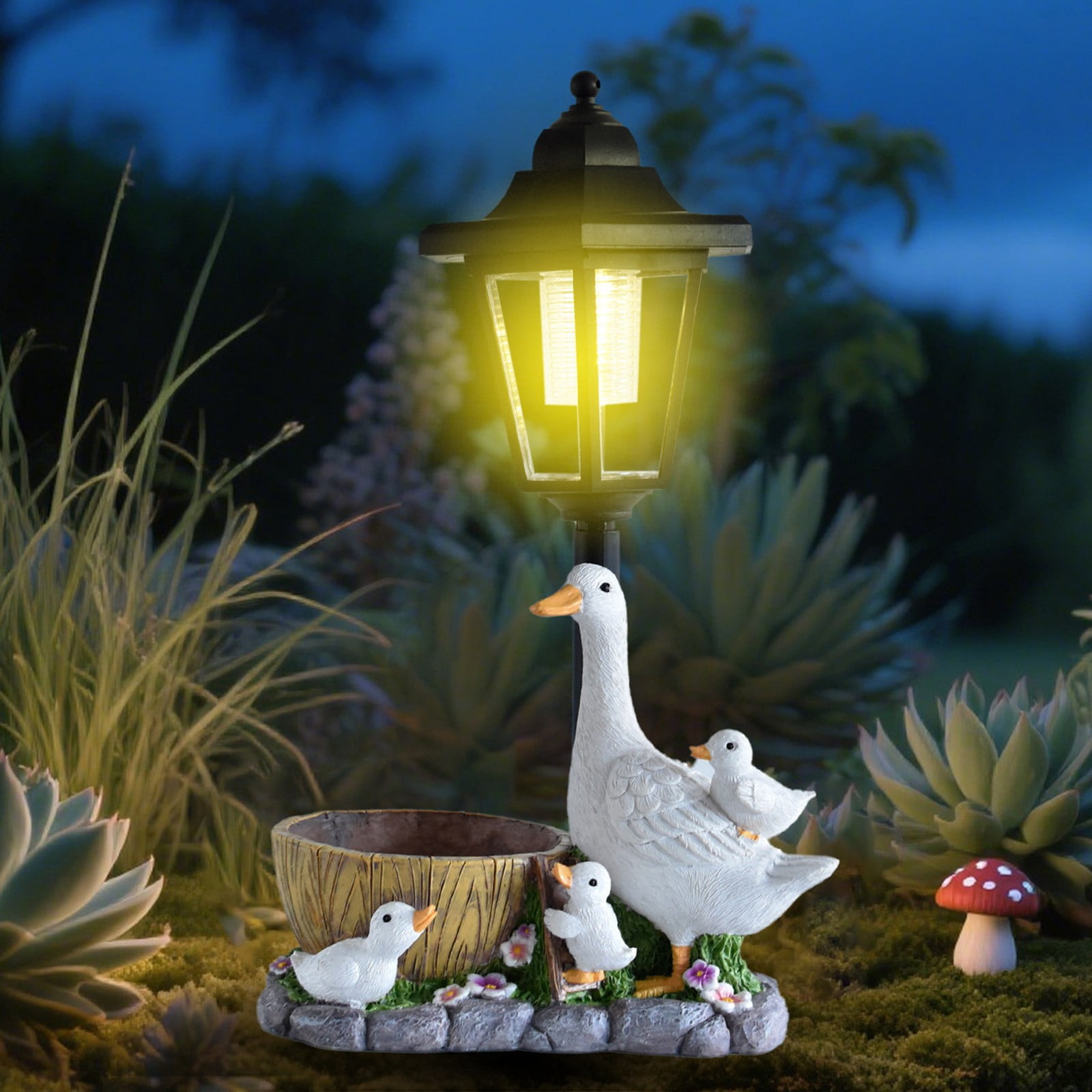 Solar Garden Statue, Figurines with Solar Lantern & Flowerpot Outdoor Decor, Resin Bird Sculptures for Patio Lawn Backyard Porch, Unique Gift for Women Mom