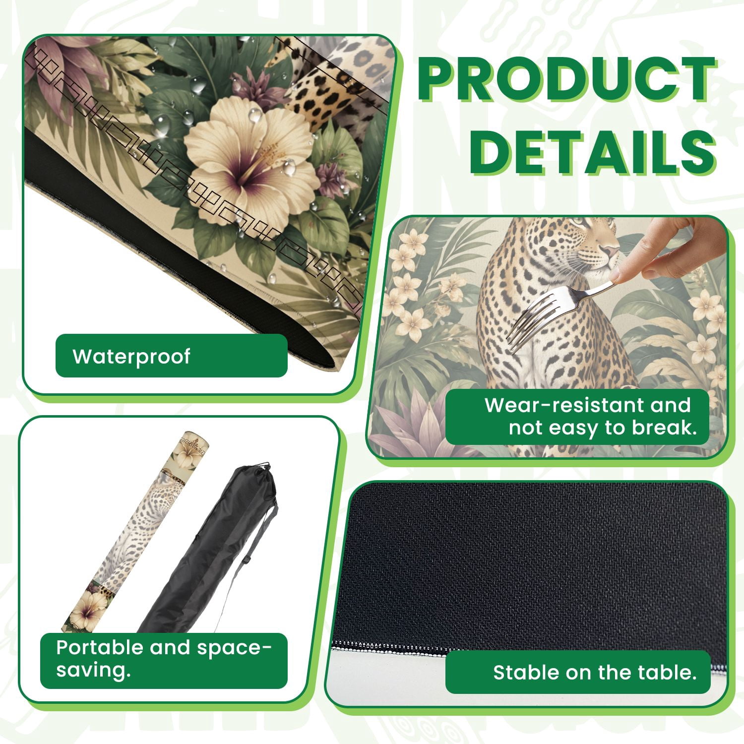 Mahjong Mat 31.5" x 31.5" Leopard Tropical Floral Jungle Greenery Soft Earth Tones Non-Slip Noise Reduction American Mahjong Tiles Table Cover for Dominoes Poker Card Board Games Gift