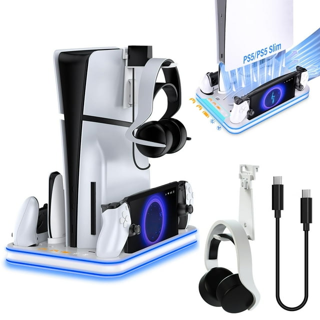 Sehawei PS5/PS5 Slim Stand and Cooling Station with RGB lighting, 3-level cooling fan, and charging dock for PS5 Edge controllers, PS Portal, remote control, and headset. Designed for PS5 digital, disc, and slim consoles, it includes a screw for stability and a magnetic charging station for handheld devices. Features ambient light modes and compact organization for gaming setups.