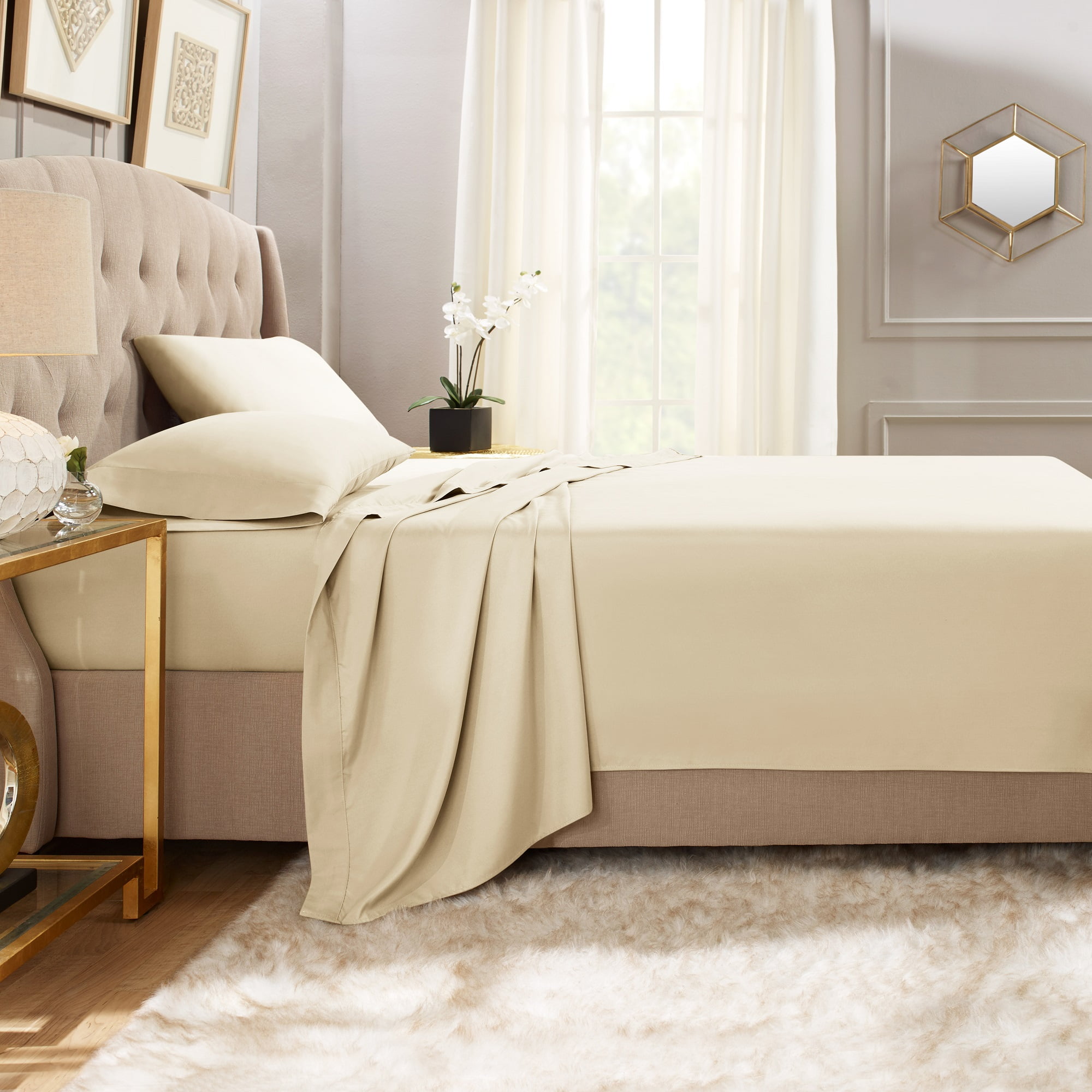 Hearth & Harbor Deep Pocket 3 Piece Solid Bed Sheet Set, 1800 Thread Count Microfiber Sheets, Twin-XL, Cream