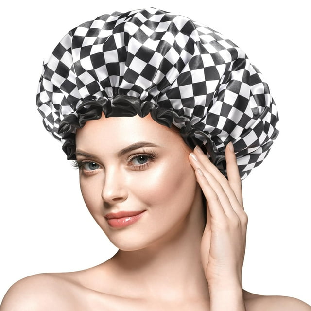 mikimini Gorro de Ducha Grande para Mujer Cabello Largo Elegante diseño de Tablero de ajedrez Doble Capa Impermeable Reutilizable Lavable Sin Olor Extra Grande