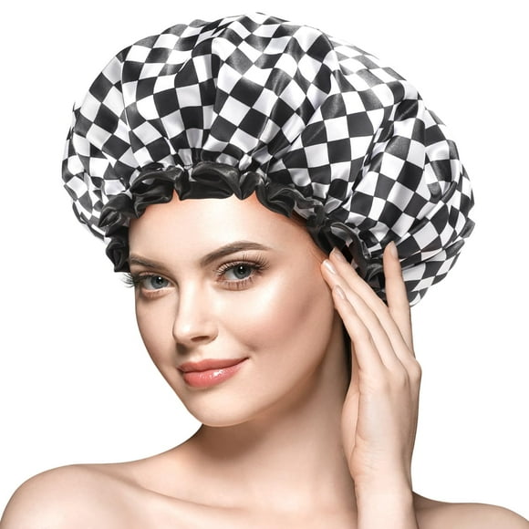 mikimini Gorro de Ducha Grande para Mujer Cabello Largo Elegante diseño de Tablero de ajedrez Doble Capa Impermeable Reutilizable Lavable Sin Olor Extra Grande