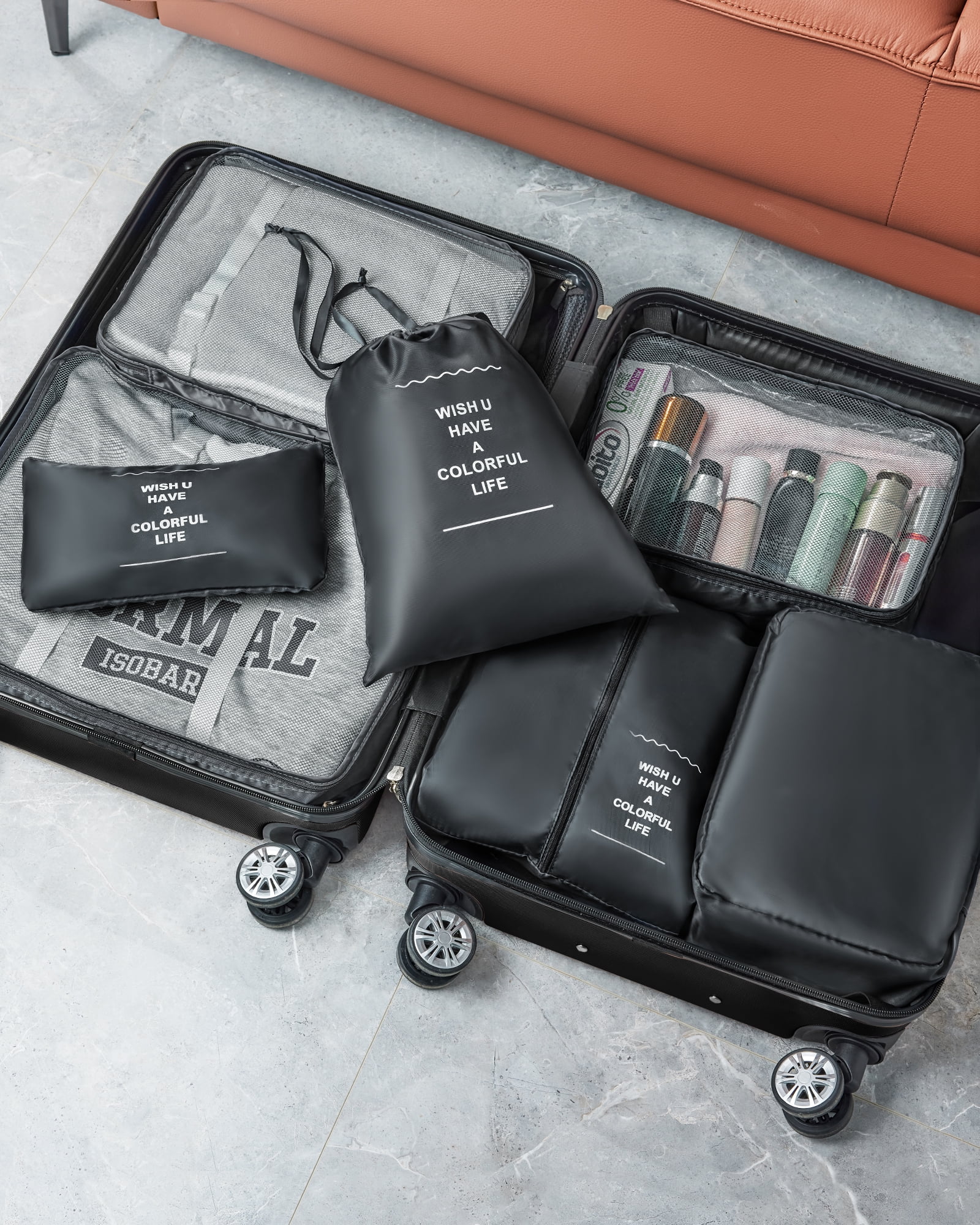 2 Piece Travel Luggage Sets (20"&28") Hardside Suitcase with 7PC Organizer Bags,Black