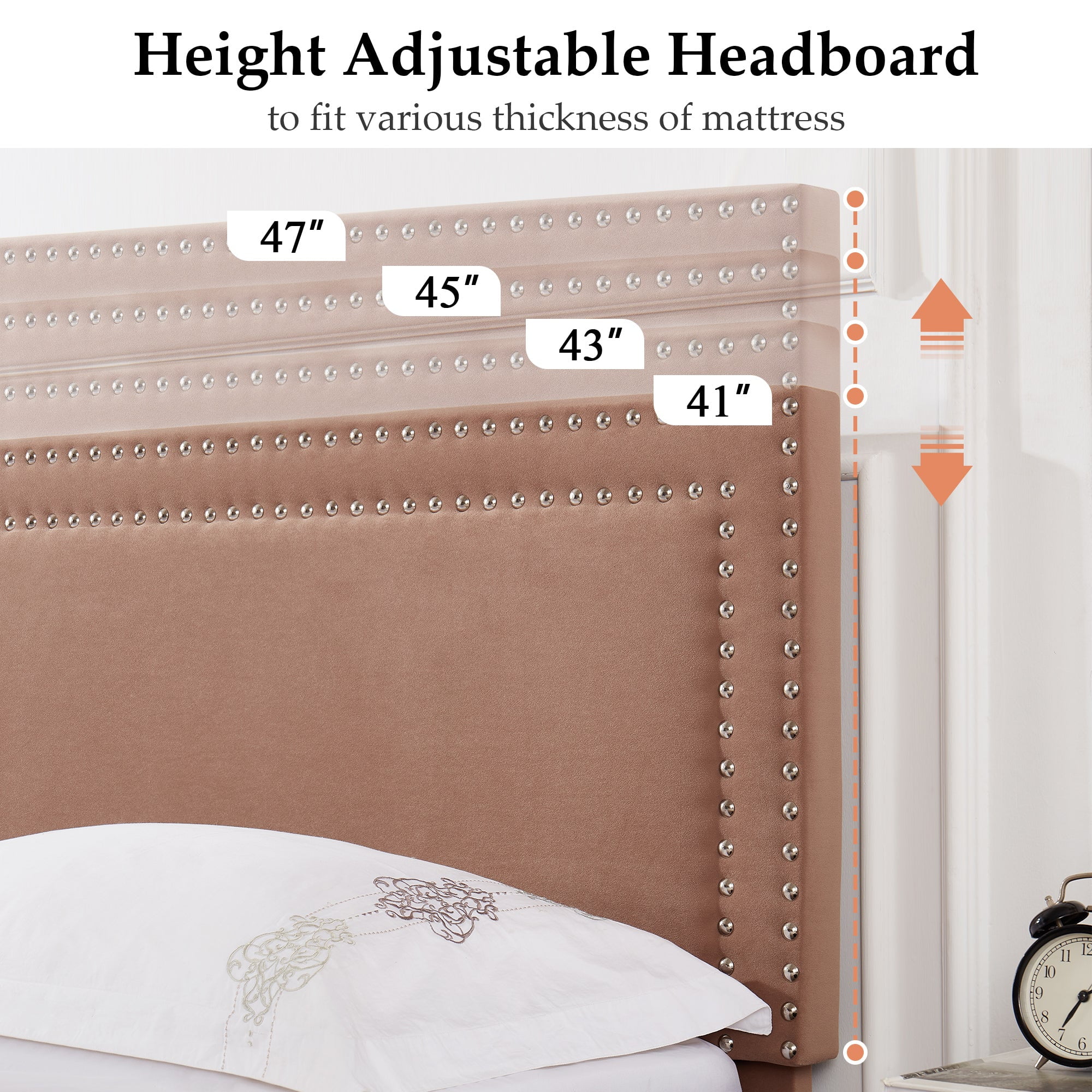 VECELO Full Size Platform Bed Frame, Modern Upholstered Bed Frame with Adjustable Height & Nailhead Trim Headboard, No Box Spring Needed, Easy Assembly, Coffee