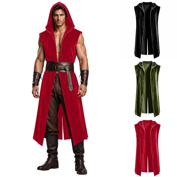 Ceisia Men Medieval Viking Hooded Sleeveless Long Velvet Robe Renaissance Assassin Cosplay Cloak Halloween Party Costume Vest Gift