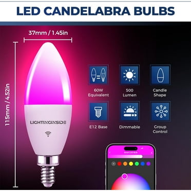 UKLL-Candelabra Smart Light Bulbs 60W Equivalent, 500LM 6W E12 LED Bulb Compatible with Alexa/Google Home, RGBCW Candle Bulb for Chandelier, No Hub Required, 2.4G WiFi Only, ETL Listed, 1PC