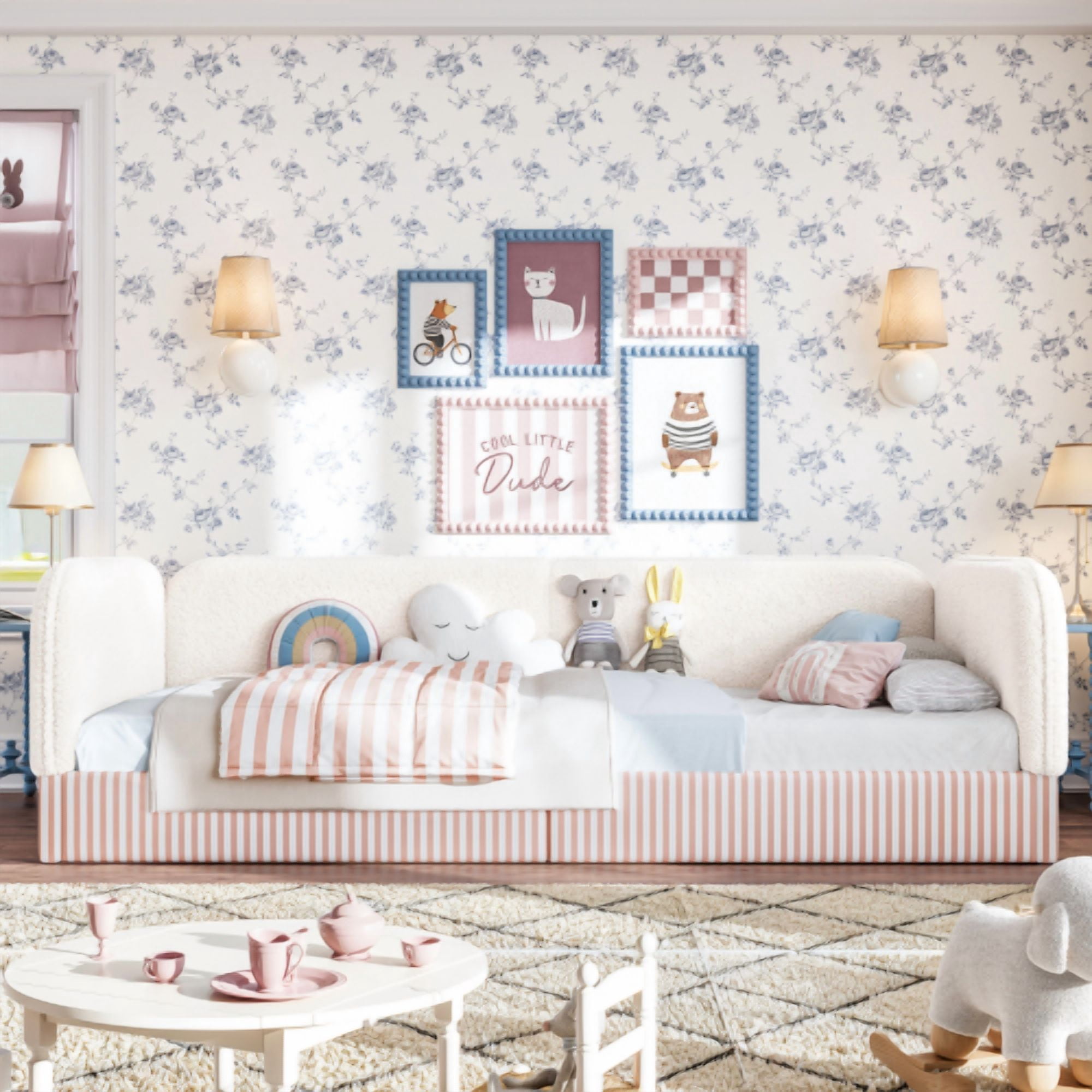 Twin Size Upholstered Teddy Fleece Floor Bed Frame, Half-Enclosed Montessori Low Profile Platform Bed with Full-Perimeter Guardrails for Kids, Beige
