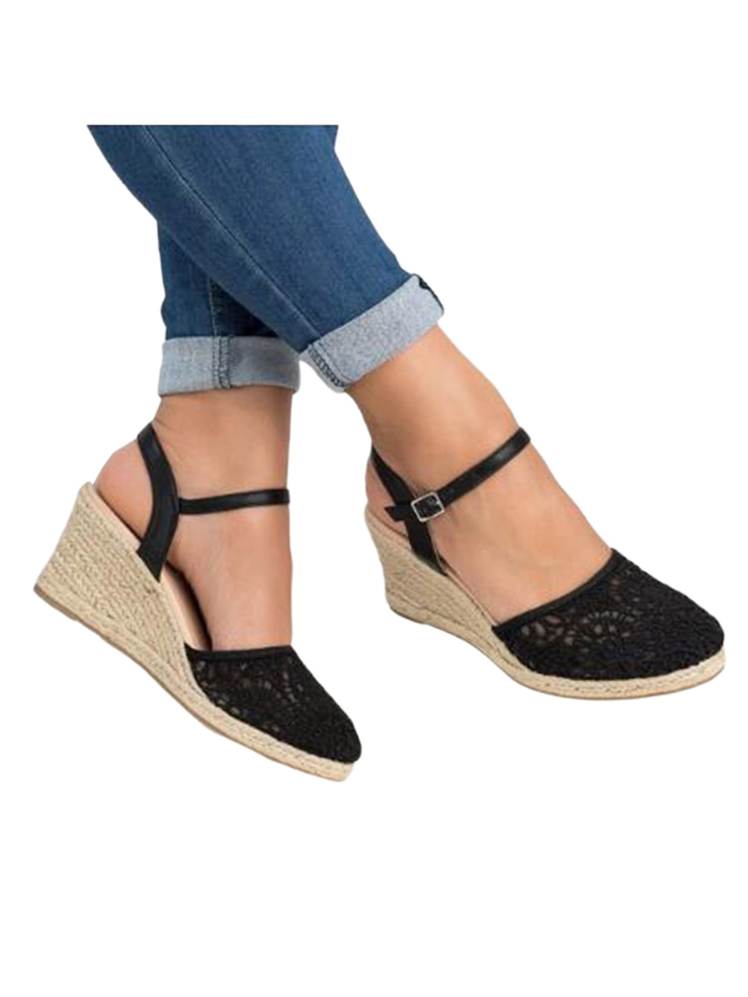WOMENS LADIES ESPADRILLES ANKLE BUCKLE STRAP SUMMER WEDGE SANDALS SHOES