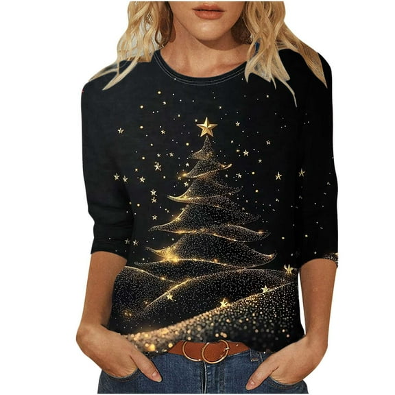 LiMoi Women's 3/4 Sleeve Round Neck T-Shirt Seasonal Tree Design Soft Everyday Top for Women Tees Tshirts Blouse My Order My Items