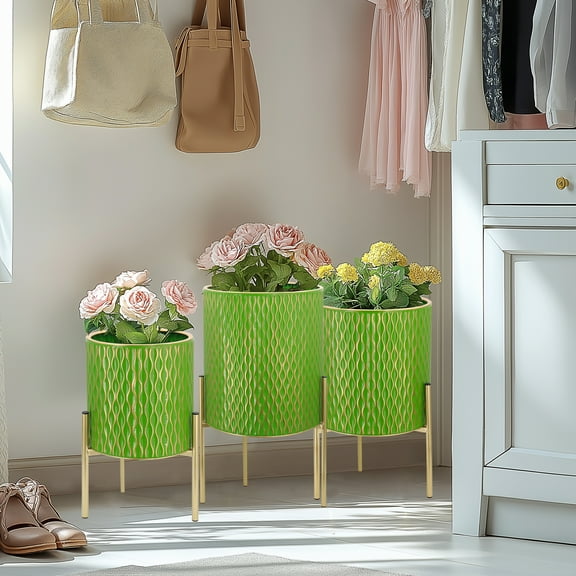 Luxury Green Wave Metal Planter Set of 3 with Gold Stands – Indoor & Outdoor Use