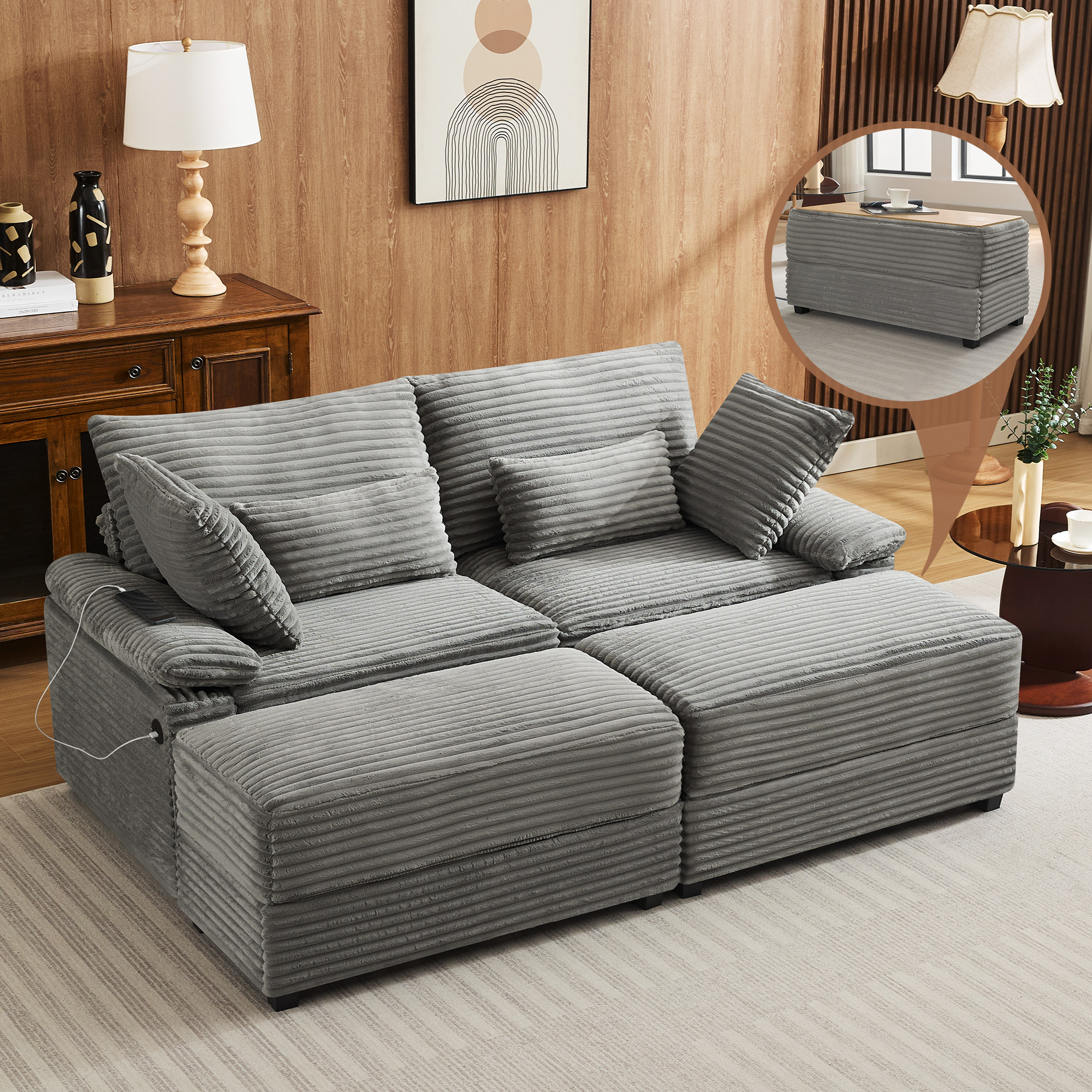 Corduroy Upholstered Sofa for Living Room,Modern Deep Seat Comfy Loveseat Couch with 2 Ottomans,Gray