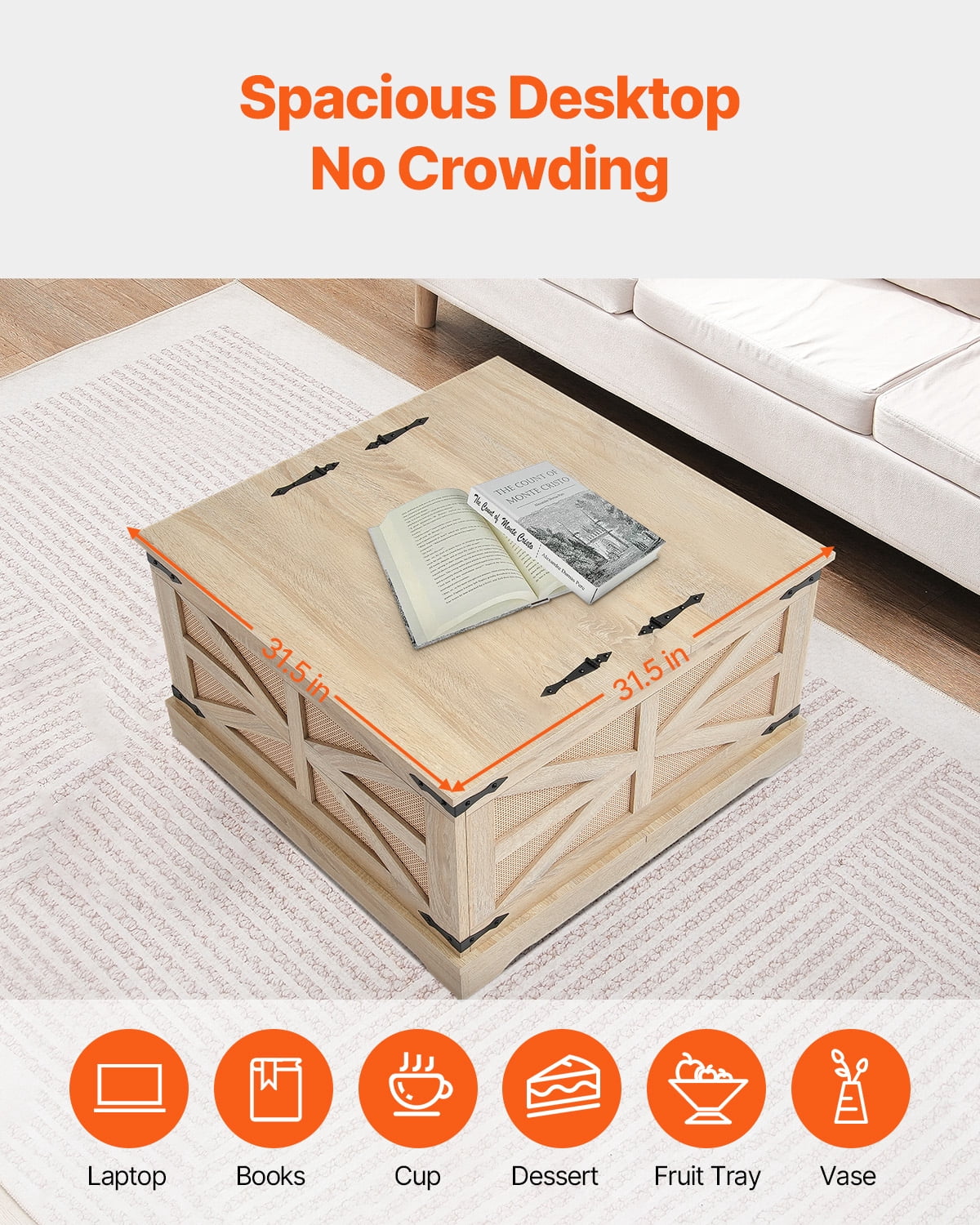 KFFKFF Wicker Coffee Table, Rectangular PE Wicker Weaved Wooden Table with MDF Surface, 32-Inch Contemporary Bohemian Style Storage Table with Vintage Metal Clasps, Suitable for Lounge