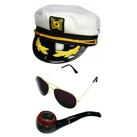 White Sailor Ship Yacht Captain Hat Smoking Pipe Aviator Sunglasses Costume Set