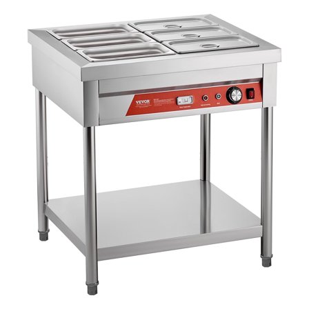 Professional 6 x 1/3 Pan Electric Food Warmer 1500W Stainless Steel Steam Table with Undershelf for Buffet, Catering, Restaurant, Hotel & Party Events