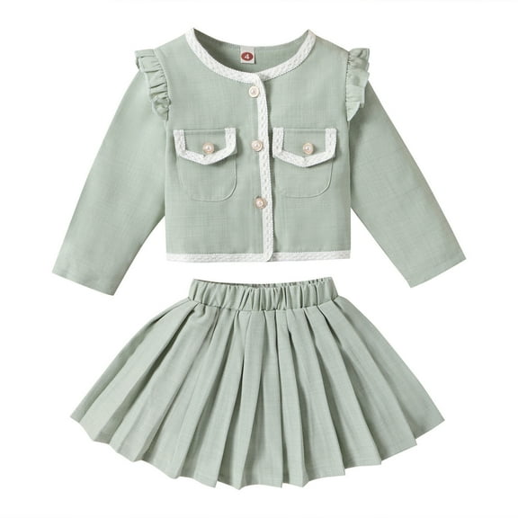 Elainilye Fashion Kids Dress Outfit Lace Long Sleeve Top with Pockets with Pleated Skirt Set, Sizes 4-7 Years