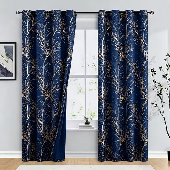 2 Panels Blackout Curtains 84 Inch Length, Metallic Gold Tree Branch Foil Print Blue Window Drapes, Grommet Top Thermal Insulated Light Blocking Curtains for Bedroom Living Room Decor