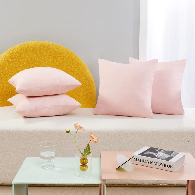 Deconovo Fundas de cojines decorativas - Juego of 4 Soft Linen Cushion Covers, Machine Washable Pillowcases for Sofa, Pink, 24x24 Inch