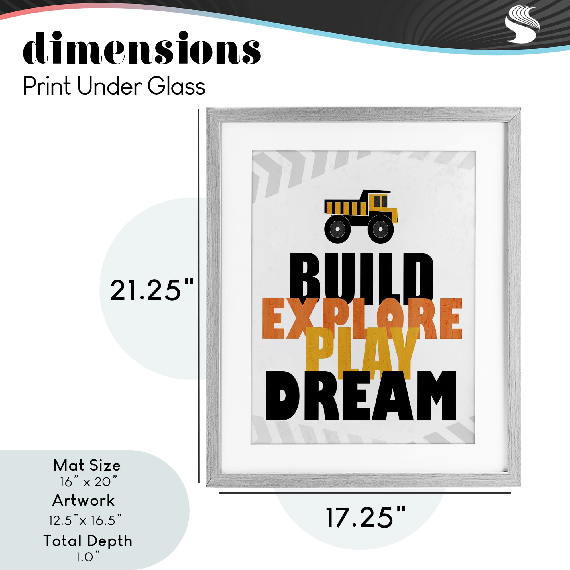 Build Explore Play Dream Gray Framed Print Under Glass, design by Kim Allen